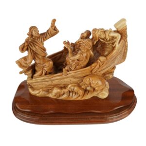 Handgeschnitzte Bootsszene „Jesus stillt den Sturm“ – Exklusive Olivenholzskulptur aus Bethlehem (36 cm)