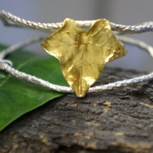 Nature-Inspired Cuff Bracelet, Sterling Silver with Gold Ivy Leaf (Adjustable)
