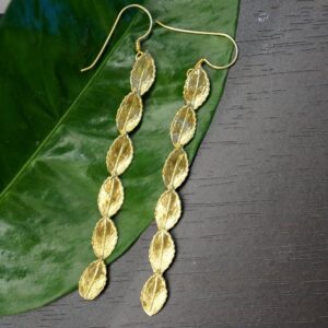 Statement Earrings: Gold Plated Rose Leaves (Long Dangle Design)