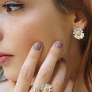 Sterling Silver Nature Ring - Real Pressed Rose Leaf and Chamomile Flower