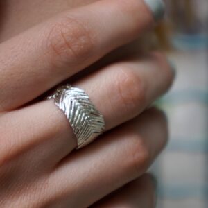 Wide Band Ring: Real Pressed Mimosa Leaf - Sterling Silver