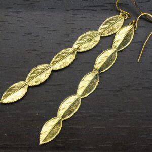 Real Rose Leaf Earrings: Long Dangle, 14k Gold on Sterling Silver