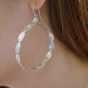 Sterling Silver Leaf Hoop Earrings - Large, Dangle Style