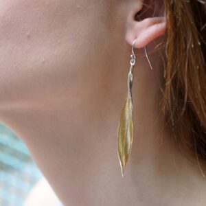 Real Olive Leaf Earrings - Long Dangle, Sterling Silver with Gold Tone