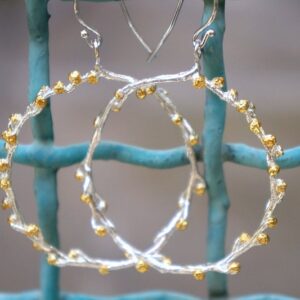 Nature-Inspired Hoop Earrings, Sterling Silver with Gold Buds (Lightweight)