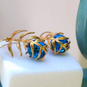 Araucaria Leaf Earrings, Gold-Plated Sterling Silver with Blue Murano Glass, Gift for Her, Birthday Gift for Women, Handmade Jewelry