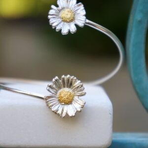 Chamomile Flower Bracelet: Natural Sterling Silver Leaf Cuff (Adjustable)