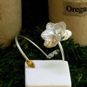 Silver Cuff Bracelet: Real Orchid and Rose Leaf Detail - Adjustable