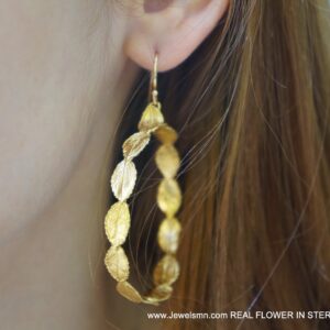Hoop Earrings: Real Tiny Rose Leaf Detail - 14k Gold Plated Silver