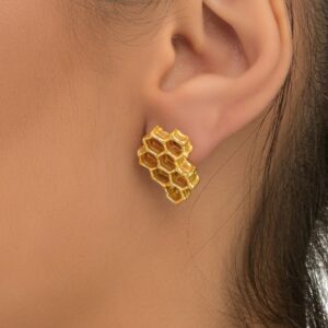 Honeycomb Bee Earrings, Gold Plated Sterling Silver (Lightweight Studs)