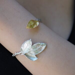 Nature-Inspired Rose Leaf Bracelet, Gold-Plated Silver (Adjustable)