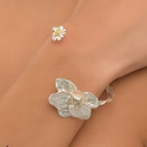 Nature-Inspired Silver Cuff Bracelet, Orchid and Chamomile (Adjustable Size)