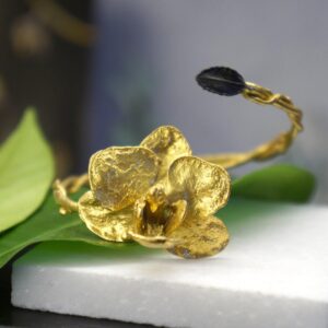 Nature-Inspired Gold Bracelet, Orchid and Rose Flowers (Adjustable Fit), Gold-Plated Brass