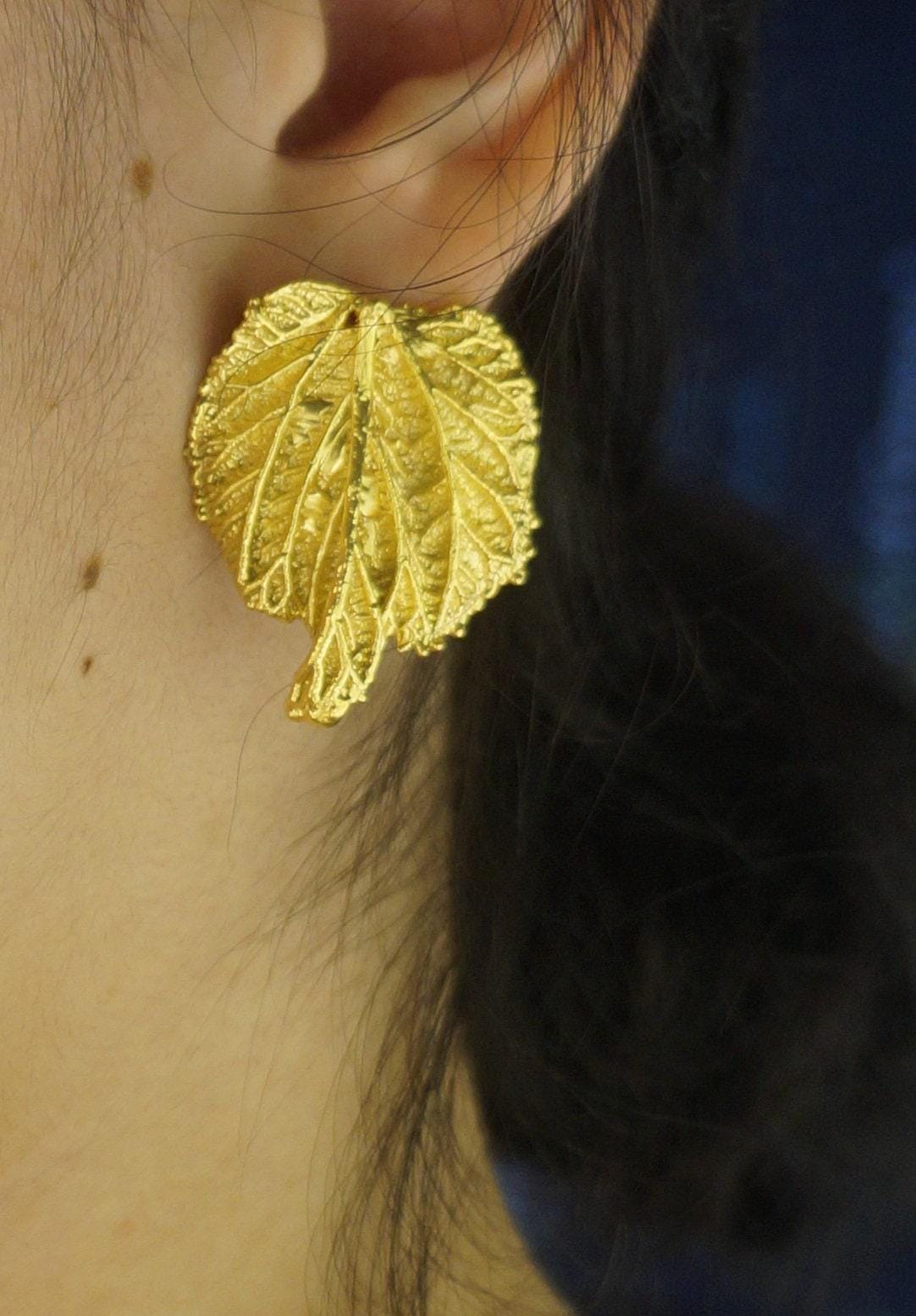 Gold Mulberry Leaf Earrings, 14K Gold-Plated Brass Jewelry, Statement Earrings, Jewelry for Women, Gift for Her, Handmade Jewelry - Image 2