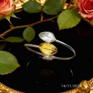 Rose Leaf Cuff Bracelet: Botanical Jewelry (Gold Plated, Adjustable)