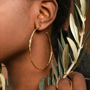 Olive Branch Hoop Earrings: Gold Plated Nature Jewelry (7cm Hoops)