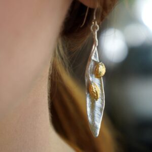 Silver Olive Leaf Earrings, Sterling Silver Jewelry with Gold Detail, Dangle Earrings, Handmade Jewelry, Gift for Her, Boho Fashion