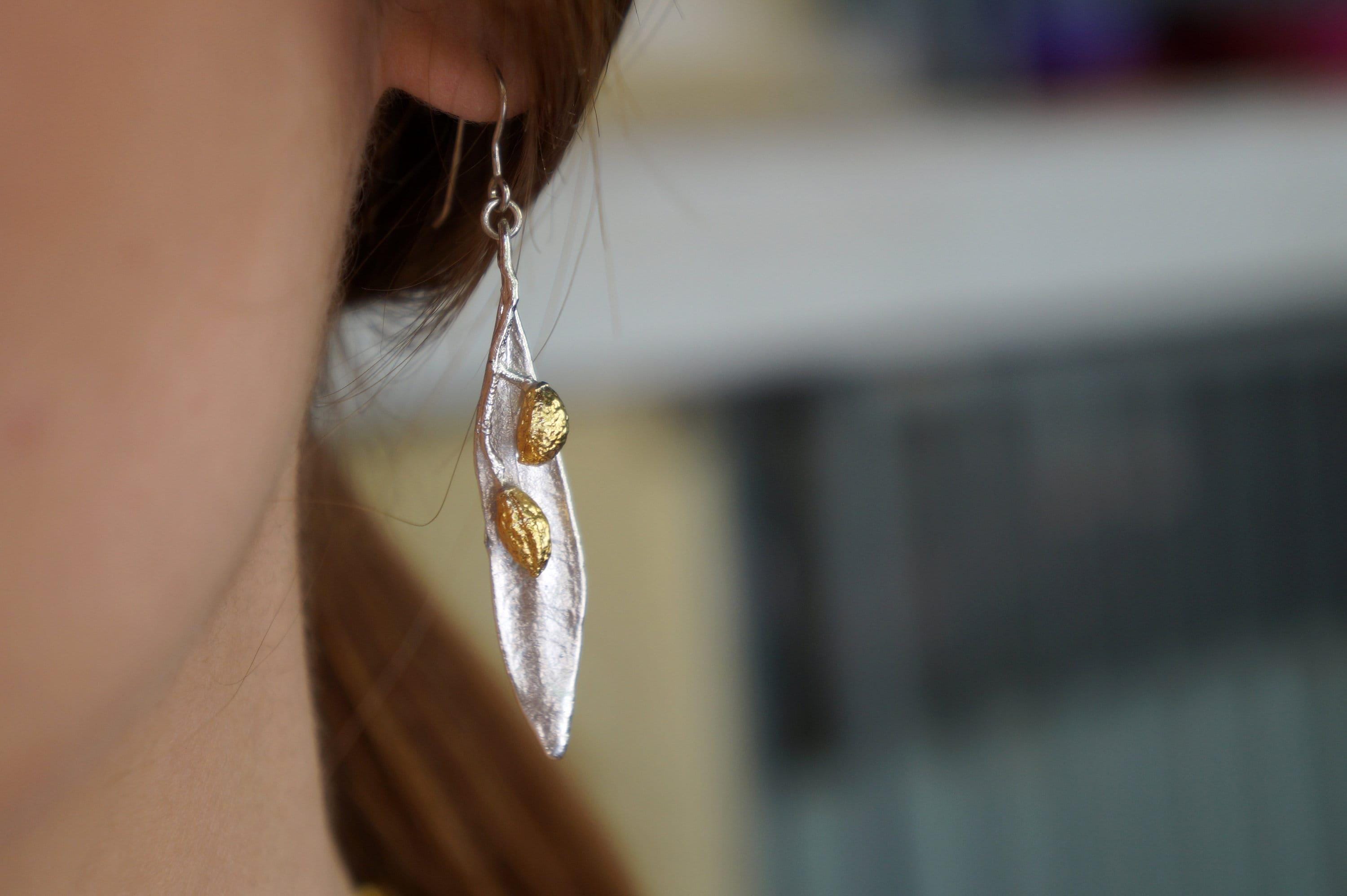 Silver Olive Leaf Earrings, Sterling Silver Jewelry with Gold Detail, Dangle Earrings, Handmade Jewelry, Gift for Her, Boho Fashion - Image 3