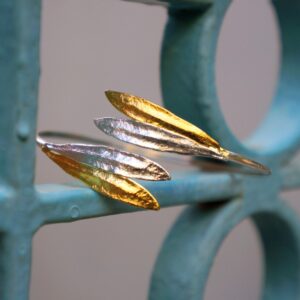 Open Cuff Bracelet: Real Olive Leaf Design - Sterling Silver & Gold