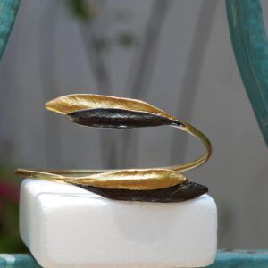 Olive Leaf Cuff Bracelet: Adjustable Gold and Black Rhodium