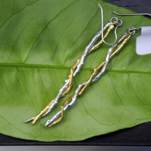 Two Tone Olive Twig Earrings - Long Sterling Silver Dangles