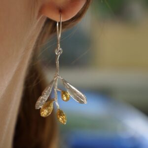 Nature-Inspired Olive Leaf Earrings, Sterling Silver (Gold Detail)
