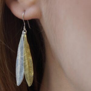Olive Leaf Earrings: Sterling Silver Dangles - Mixed Metal Finish