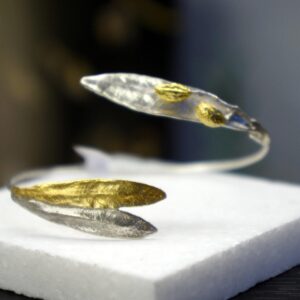 Sterling Silver Cuff Bracelet: Olive Leaf Design - Adjustable Gold Accent