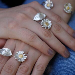 Nature Inspired Ring: Daisy and Rose Leaf Twig - Recycled Silver