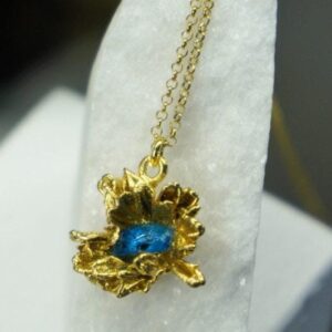 Pressed Daisy Pendant Necklace: Gold on Sterling Silver with Blue Murano