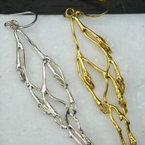 Sterling Silver Jasmine Twig Earrings: 14k Gold Plated, Long Dangle