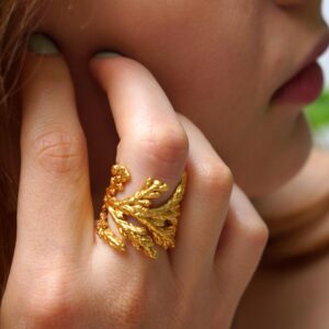 Gold Cypress Ring, 14K Gold-Plated Sterling Silver Band, Leaf Ring, Birthday Gift for Women, Gold and Silver Jewelry, Handmade Gift for Her