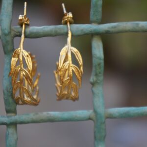 Botanical Hoop Earrings: Real Araucaria Leaves - Gold Plated Silver