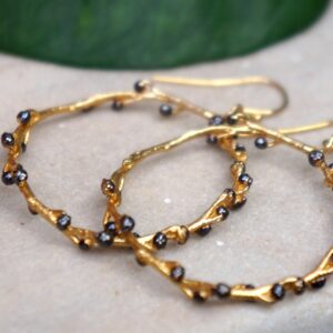 Twig Hoop Earrings, Gold-Plated Brass and Black Rhodium (Handmade Mimosa Branch)
