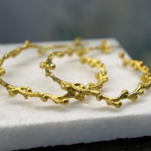 Vegan Gold Hoop Earrings, Acacia Leaf Detail (Gold-Plated Brass)