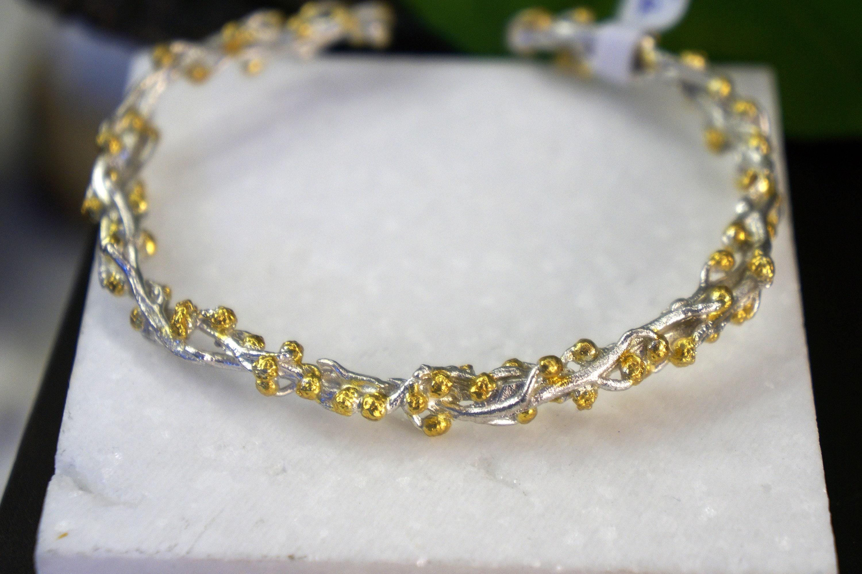 Gold Acacia Bracelet, Gold-Plated Sterling Silver Jewelry, Acacia Branch Bangle Bracelet, Gift for Her, Birthday Gift for Women - Image 2