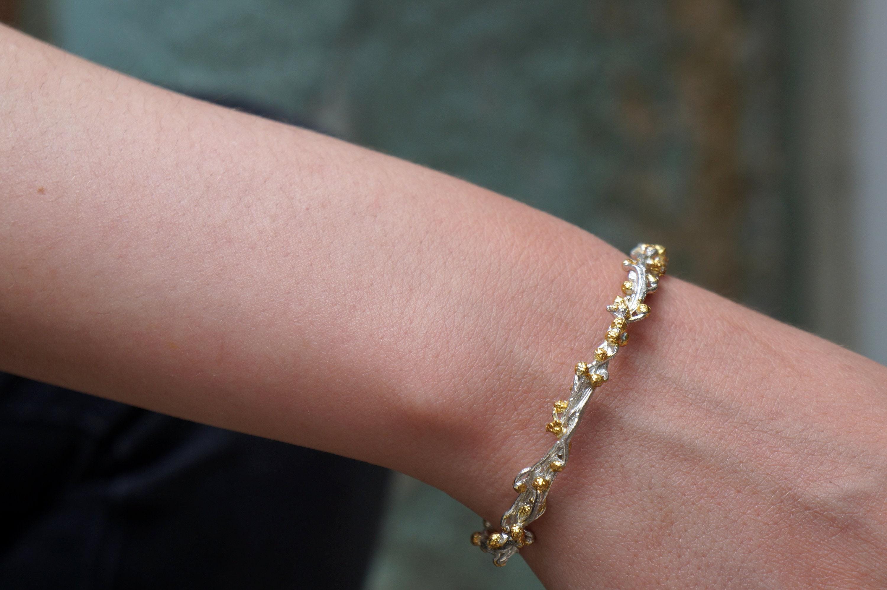 Gold Acacia Bracelet, Gold-Plated Sterling Silver Jewelry, Acacia Branch Bangle Bracelet, Gift for Her, Birthday Gift for Women