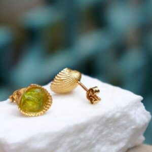 Shell Stud Earrings: Green Murano Stone, 14k Gold Plated Silver