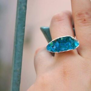 Nature-Inspired Mussel Shell Ring, Sterling Silver, Blue Murano Glass (Sizes 6-9)