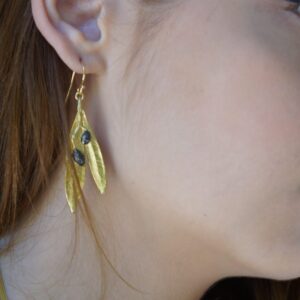 Sterling Silver Olive Leaf Earrings - Gold Black Dangle Style