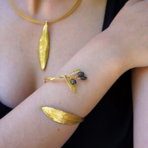 Gold Olive Branch Cuff Bracelet: Adjustable Sterling Silver Bangle