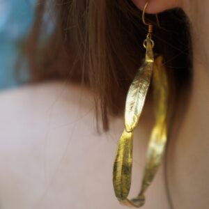 Olive Leaf Hoop Earrings - Large, Gold Plated Brass, Nature Style