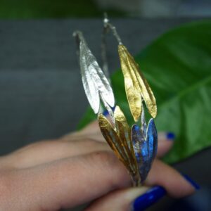 Olive Branch Hoop Earrings: Large Sterling Silver with Gold Leaves