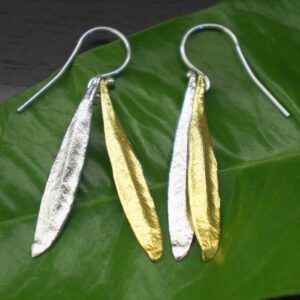 Olive Leaf Dangle Earrings: Sterling Silver and 14k Gold