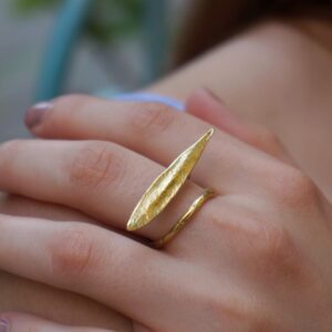 Nature-Inspired Olive Leaf Ring, Adjustable Silver (Rhodium Black)