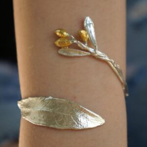 Gold Olive Branch Bracelet, Gold-Plated Sterling Silver Jewelry, Adjustable Cuff, Gift for Her, Birthday Gift for Women, Handmade Jewelry