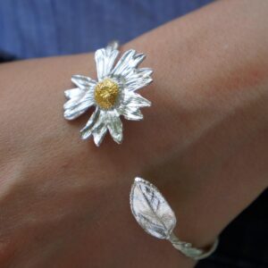 Sterling Silver Cuff Bracelet: Real Daisy and Sunflower Leaves