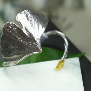 Nature-Inspired Silver Cuff Bracelet, Ginkgo Leaf with Rose Accent (Adjustable)
