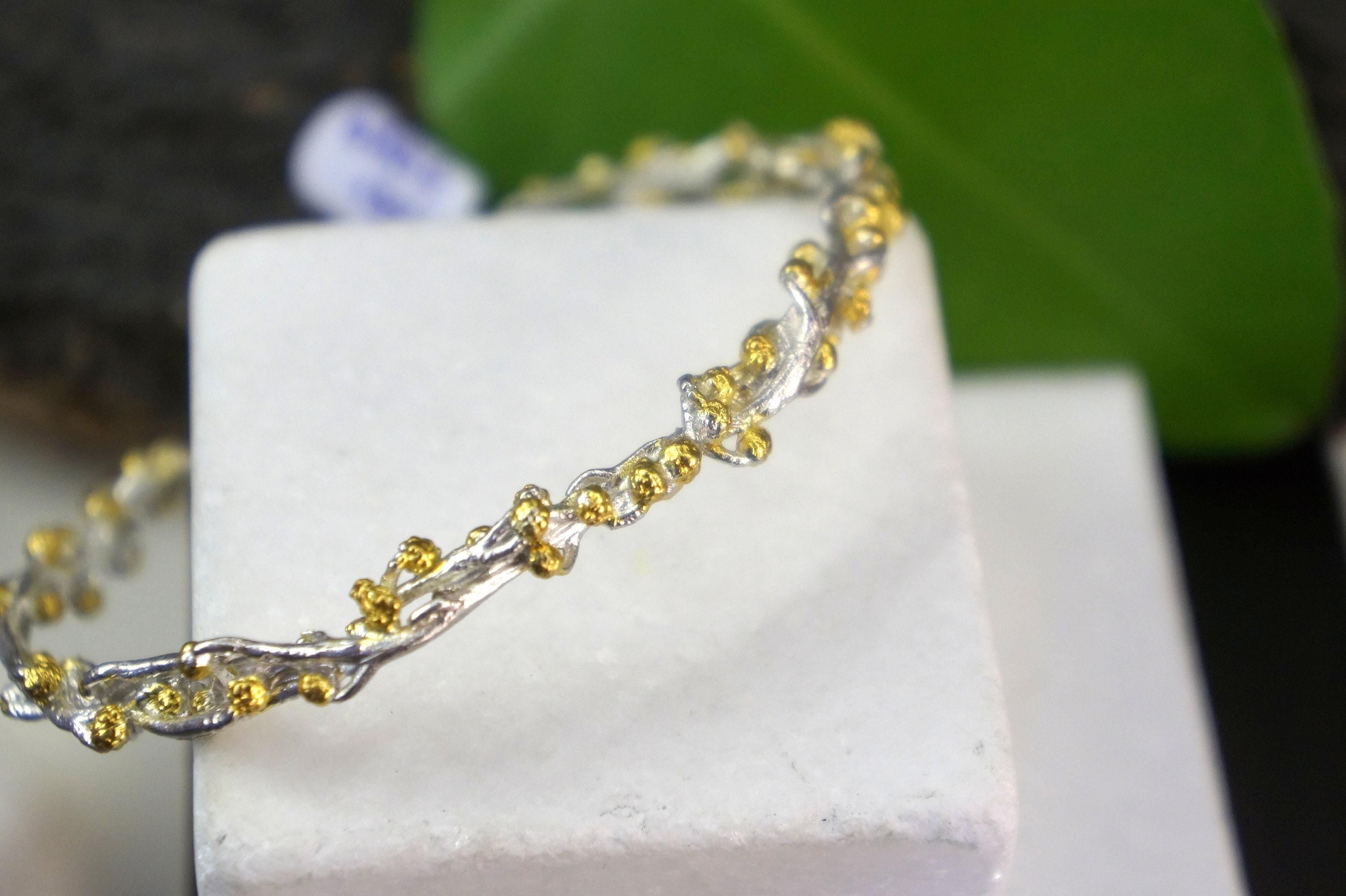 Gold Acacia Bracelet, Gold-Plated Sterling Silver Jewelry, Acacia Branch Bangle Bracelet, Gift for Her, Birthday Gift for Women - Image 4
