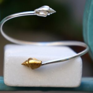 Silver Shell Bracelet: Adjustable Cuff with Gold Details